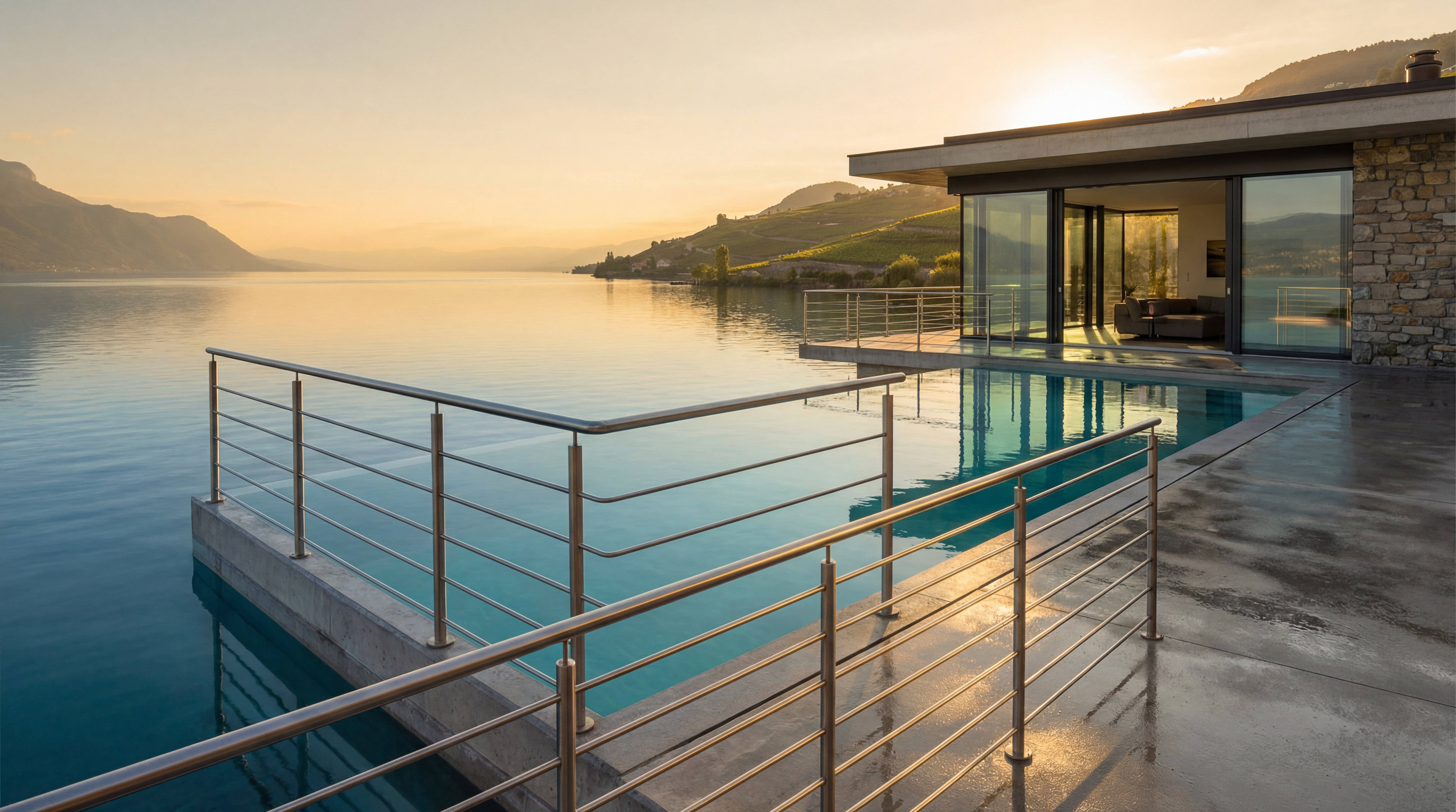 Piscine avec garde-corps inox au coucher du soleil