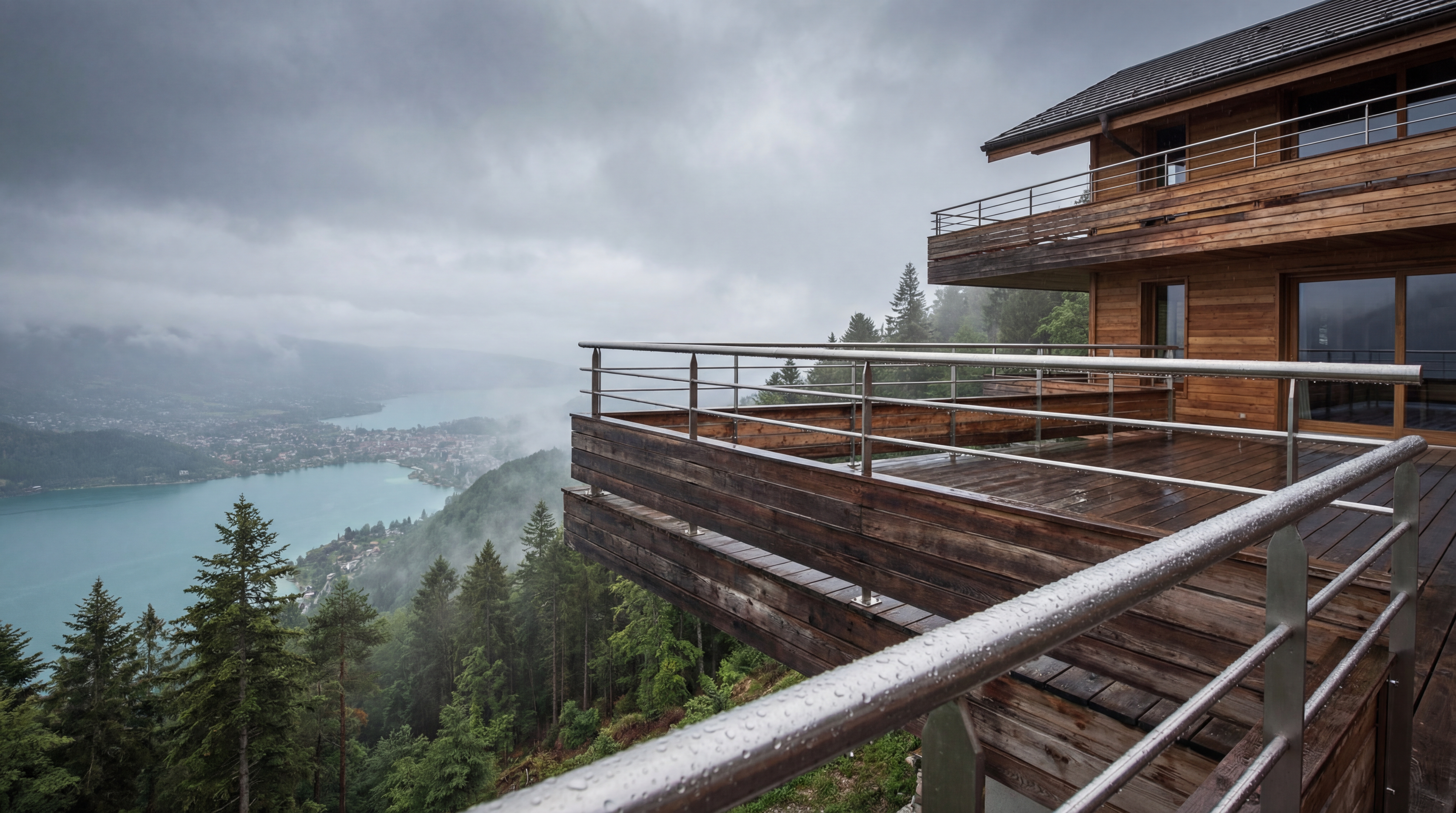 Terrasse bois avec garde-corps inox en montagne