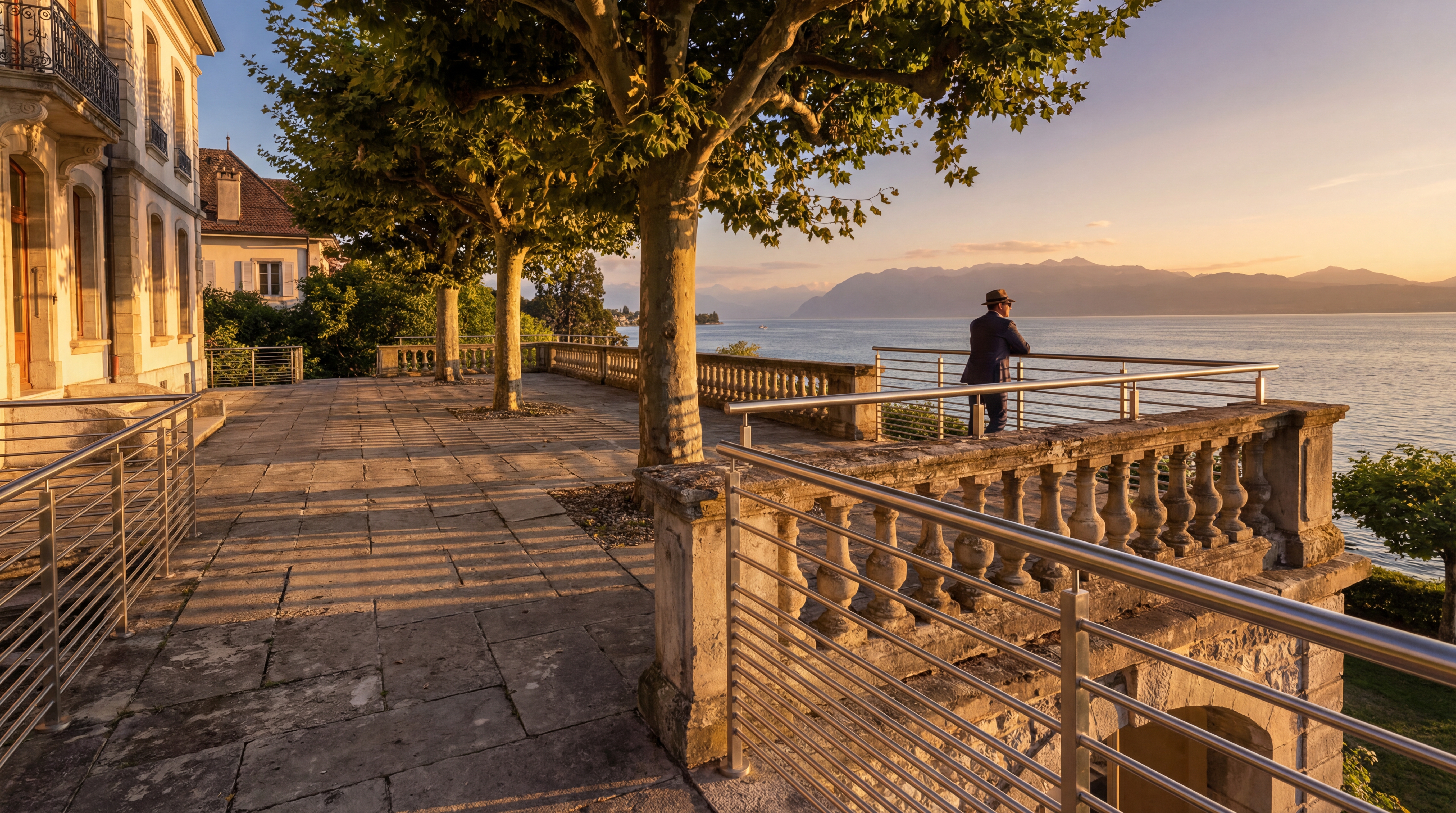 Promenade avec garde-corps inox au bord du lac