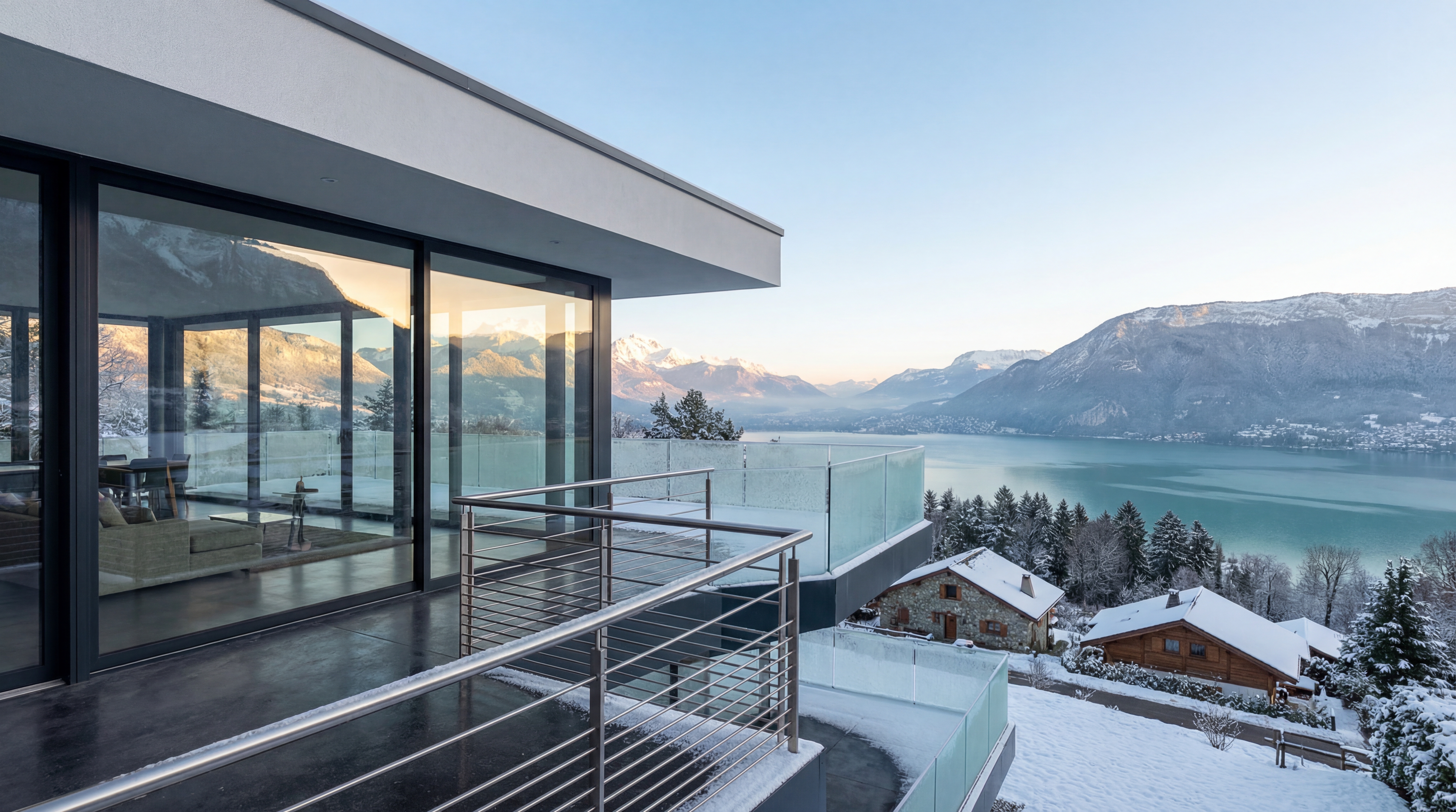 Villa avec garde-corps inox dans la neige en montagne